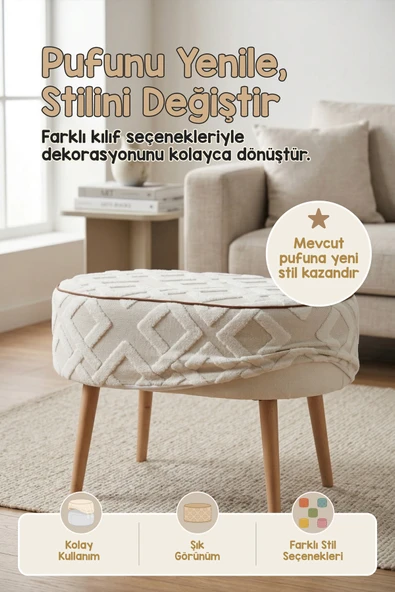 Yıkanabilir Puf Tabure Kılıfı Tak-Çıkar-Değiştir-Yenile Orta Sehpa Kılıfı 59x37x17 Mila Ekru ürün görseli 1