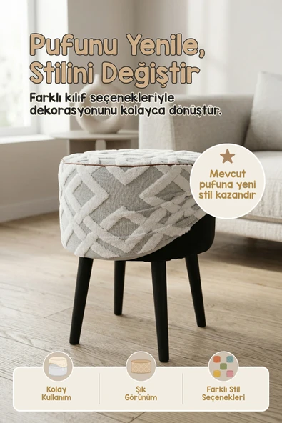 Yıkanabilir Puf Tabure Kılıfı Tak-Çıkar-Değiştir-Yenile Orta Sehpa Kılıfı 40x22 Mila Gri ürün görseli 1