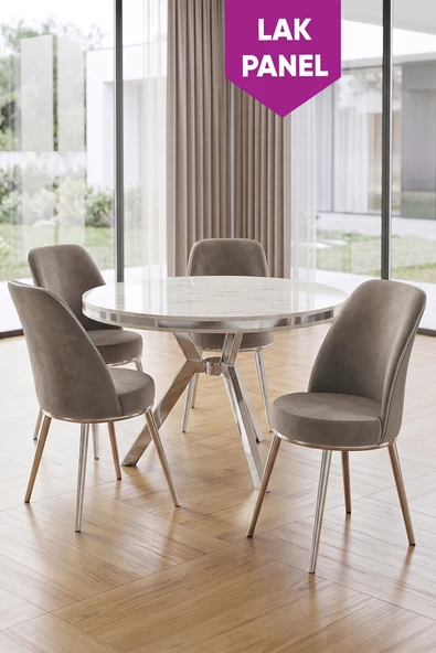 Natre Serisi 90x90 Lak Panel Beyaz Mermer Desen Krom Ayaklı Mutfak Masası Takımı Ve 4 Sandalye ürün görseli 1