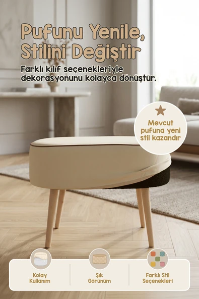 Yıkanabilir Puf Tabure Kılıfı Tak-Çıkar-Değiştir-Yenile Orta Sehpa Kılıfı 59x37x17 Meek Bej ürün görseli 1