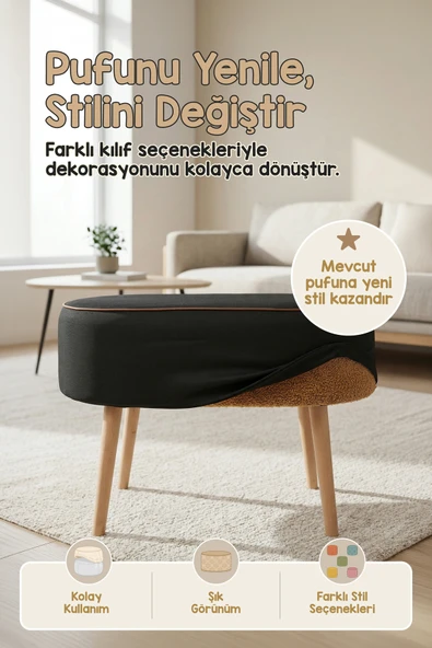 Yıkanabilir Puf Tabure Kılıfı Tak-Çıkar-Değiştir-Yenile Orta Sehpa Kılıfı 59x37x17 Meek Siyah ürün görseli 1