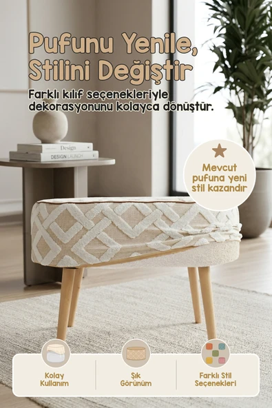 Yıkanabilir Puf Tabure Kılıfı Tak-Çıkar-Değiştir-Yenile Orta Sehpa Kılıfı 59x37x17 Mila Bej ürün görseli 1