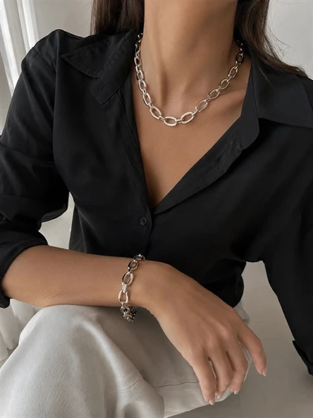 Unisex Oval Halkalı Zincir 2'li Kolye Bileklik Seti ürün görseli 1