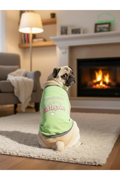 Gobo Yeşil Hanimiş Benim Tatlışım Baskılı Kedi ve Köpek Kıyafeti Tişörtü Elbisesi Medium/M/Beden 2 ürün görseli 1