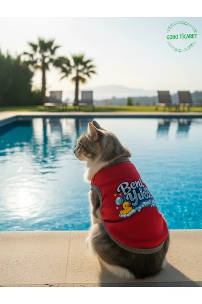 Gobo Kırmızı Beni Yıka Baskılı Kedi ve Köpek Kıyafeti–Evcil Hayvan Tişörtü Elbisesi Medium/M/Beden 2 ürün görseli 1