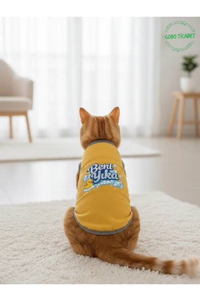 Gobo Sarı Beni Yıka Baskılı Kedi ve Köpek Kıyafeti–Evcil Hayvan Tişörtü Elbisesi Medium/M/Beden 2 ürün görseli 1