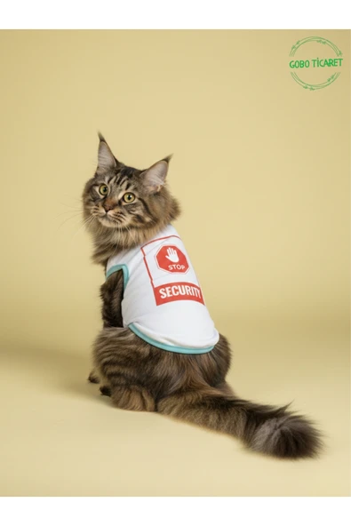 Gobo Beyaz Stop Security (Güvenlik) Baskılı Kedi ve Köpek Kıyafeti Tişörtü Elbisesi Medium/M/Beden 2 ürün görseli 1