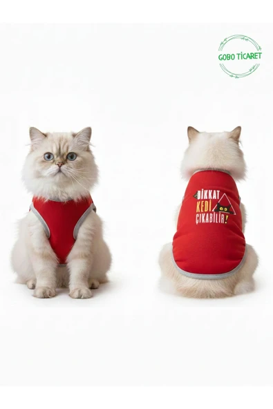 Gobo Dikkat Kedi Çıkabilir ! Yazılı Kırmızı Kedi ve Köpek Kıyafeti Elbisesi XSMALL/XS/Beden 0 ürün görseli 1