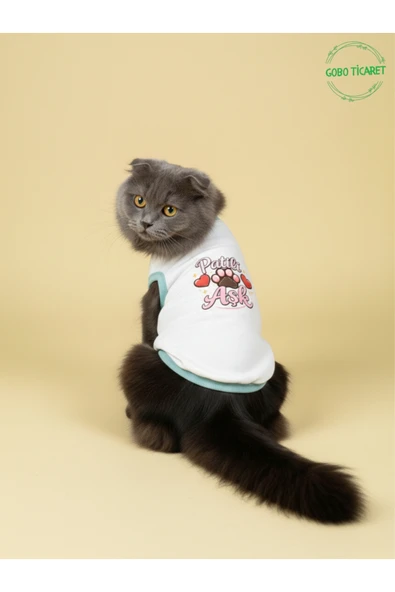 Gobo Beyaz Renkli Patili Aşk Baskılı Kedi ve Köpek Kıyafeti Tişörtü Elbisesi SMALL/S/Beden 1 ürün görseli 1