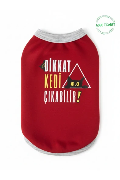 Gobo Dikkat Kedi Çıkabilir ! Yazılı Kırmızı Kedi ve Köpek Kıyafeti Elbisesi Large/L/Beden 3 ürün görseli 1