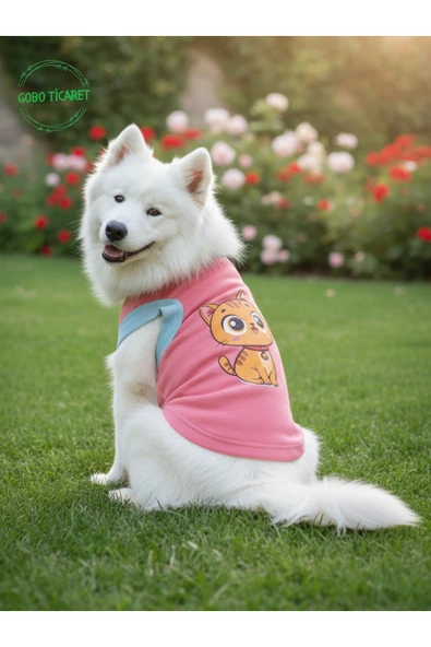 Gobo Şeker Pembe Renkli Kedi ve Köpek Kıyafeti Elbisesi Sarı Kedi Baskılı Medium/M/Beden 2 ürün görseli 1