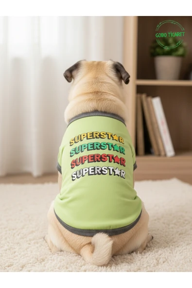 Gobo Yeşil SUPERSTAR Yazılı Kedi ve Köpek Kıyafeti Tişörtü Elbisesi Medium/M/Beden 2 ürün görseli 1