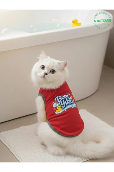 Gobo Kırmızı Beni Yıka Baskılı Kedi ve Köpek Kıyafeti–Evcil Hayvan Tişörtü Elbisesi SMALL/S/Beden 1 ürün görseli 1