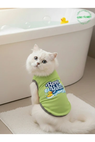 Gobo Yeşil Beni Yıka Baskılı Kedi ve Köpek Kıyafeti–Evcil Hayvan Tişörtü Elbisesi XSMALL/XS/Beden 0 ürün görseli 1