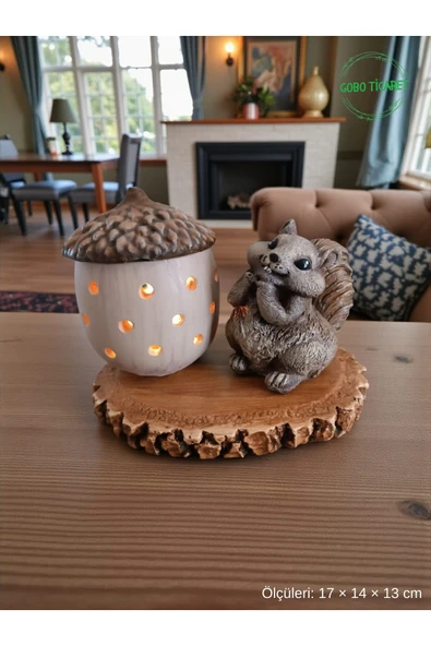 Gobo Rustik Sincap Figürlü Meşe Palamudu Mumluk – Tealight LED Mum Hediyeli | 17 × 14 × 13 cm ürün görseli 1