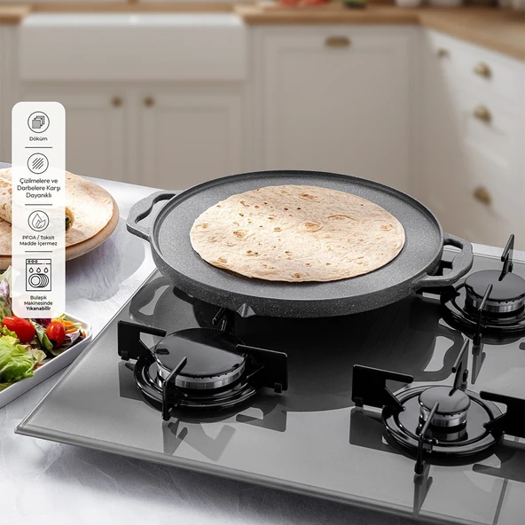 Emsan Stone Alüminyum Döküm Çift Taraflı Gözleme Tavası 34 cm - Gri ürün görseli 1