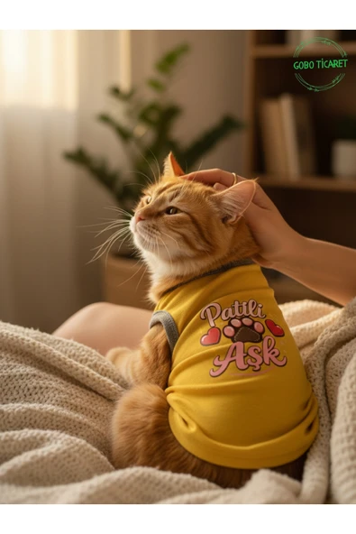 Gobo Sarı Renkli Patili Aşk Baskılı Kedi ve Köpek Kıyafeti Tişörtü Elbisesi XSMALL/XS/Beden 0 ürün görseli 1