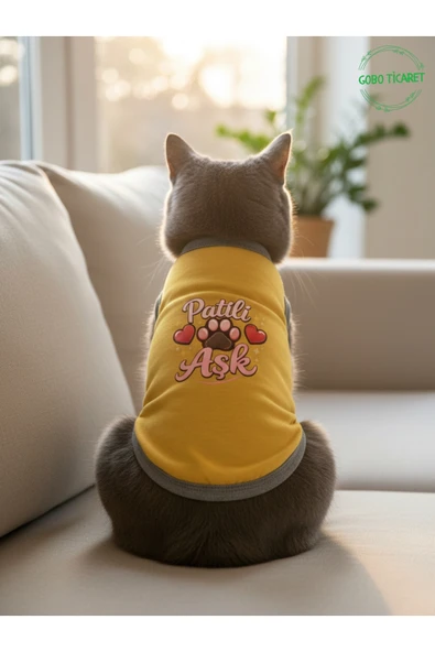 Gobo Sarı Renkli Patili Aşk Baskılı Kedi ve Köpek Kıyafeti Tişörtü Elbisesi SMALL/S/Beden 1 ürün görseli 1