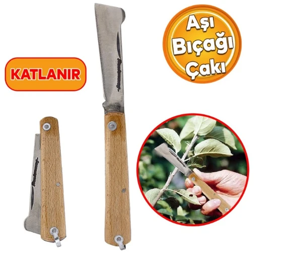 Aşı Bıçağı Profesyonel Çelik Tepeli Uçlu Bağ Ağaç Budama Aşı Çakısı 170 mm Ahşap Saplı Bıçak Çakı ürün görseli 1