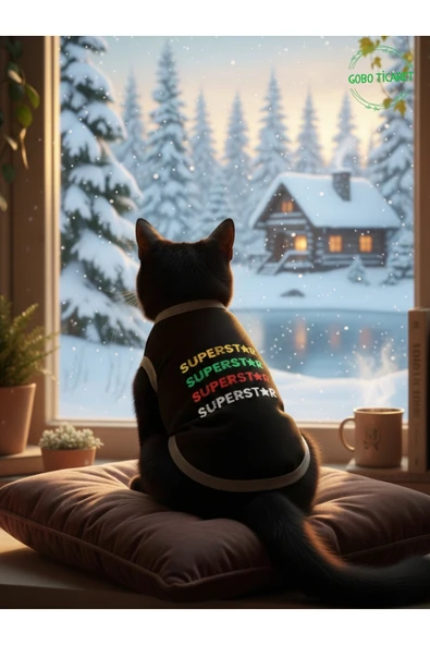 Gobo Siyah SUPERSTAR Yazılı Kedi ve Köpek Kıyafeti Tişörtü Elbisesi Medium/M/Beden 2 ürün görseli 1