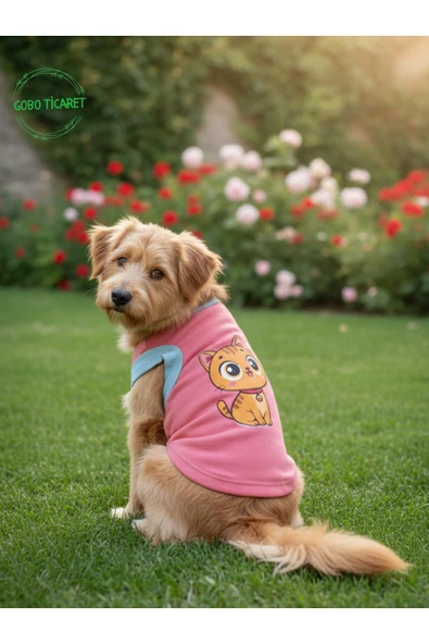 Gobo Şeker Pembe Renkli Kedi ve Köpek Kıyafeti Elbisesi Sarı Kedi Baskılı Large/L/Beden 3 ürün görseli 1