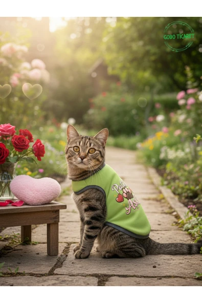 Gobo Yeşil Renkli Patili Aşk Baskılı Kedi ve Köpek Kıyafeti Tişörtü Elbisesi Medium/M/Beden 2 ürün görseli 1