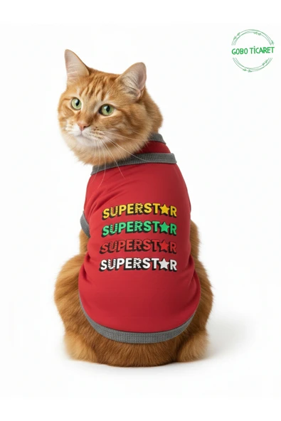 Gobo Kırmızı SUPERSTAR Yazılı Kedi ve Köpek Kıyafeti Tişörtü Elbisesi SMALL/S/Beden 1 ürün görseli 1