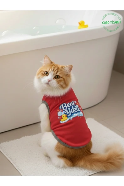 Gobo Kırmızı Beni Yıka Baskılı Kedi ve Köpek Kıyafeti–Evcil Hayvan Tişörtü Elbisesi XSMALL/XS/Beden 0 ürün görseli 1
