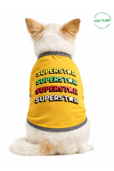 Gobo Sarı SUPERSTAR Yazılı Kedi ve Köpek Kıyafeti Tişörtü Elbisesi Large/L/Beden 3 ürün görseli 1