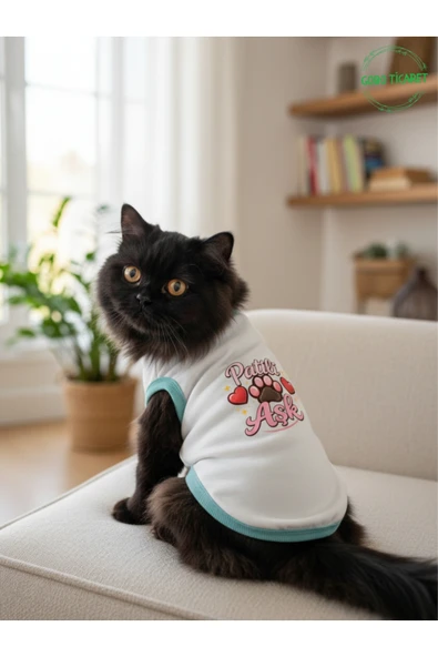 Gobo Beyaz Renkli Patili Aşk Baskılı Kedi ve Köpek Kıyafeti Tişörtü Elbisesi Medium/M/Beden 2 ürün görseli 1