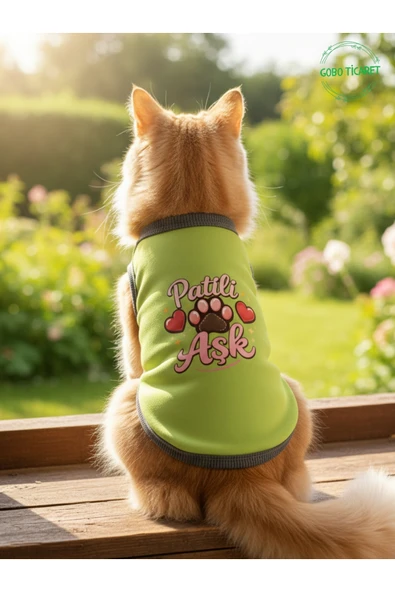 Gobo Yeşil Renkli Patili Aşk Baskılı Kedi ve Köpek Kıyafeti Tişörtü Elbisesi SMALL/S/Beden 1 ürün görseli 1