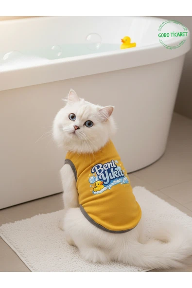 Gobo Sarı Beni Yıka Baskılı Kedi ve Köpek Kıyafeti–Evcil Hayvan Tişörtü Elbisesi XSMALL/XS/Beden 0 ürün görseli 1