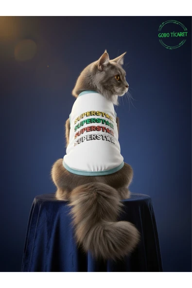 Gobo Beyaz SUPERSTAR Yazılı Kedi ve Köpek Kıyafeti Tişörtü Elbisesi XSMALL/XS/Beden 0 ürün görseli 1