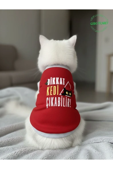 Gobo Dikkat Kedi Çıkabilir ! Yazılı Kırmızı Kedi ve Köpek Kıyafeti Elbisesi SMALL/S/Beden 1 ürün görseli 1