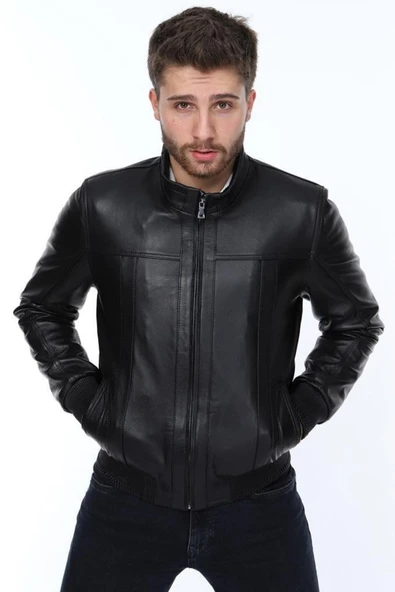 Hakiki Deri Siyah Jack Beli Lastikli Erkek Deri Ceket ürün görseli 1