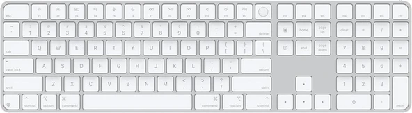 Apple Touch ID özellikli ve Sayısal Tuş Takımlı Magic Keyboard: Bluetooth, şarj edilebilir. Apple çipe sahip Mac bilgisayarlarla çalışır; Amerikan İngilizcesi, Beyaz tuşlar (USB-C) Outlet ürün görseli 1
