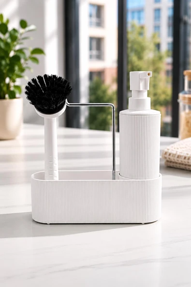 Mutfak Lavabo Düzenleyici Sıvı Sabunluk ve Fırça Seti – Beyaz Organizer ürün görseli 1