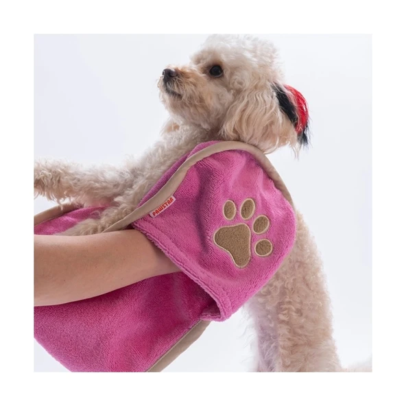 Pawstar Kedi  Köpek Banyo Kurulama Elcikli Havlu Pembe 23x78cm %100 Pamuk ürün görseli 1
