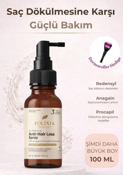 Folixia Anti Hair Loss Spray 100ml  Yoğun Saç Bakım Spreyi (Dermaroller Hediyeli) ürün görseli 1