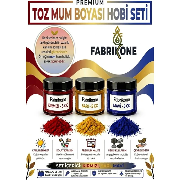 3'lü Set Premium Parafin Soya Wax Toz Mum Boyası Hobi Seti - 5 cc (Kırmızı, Sarı, Mavi) BKFAB3KSRM5G ürün görseli 1