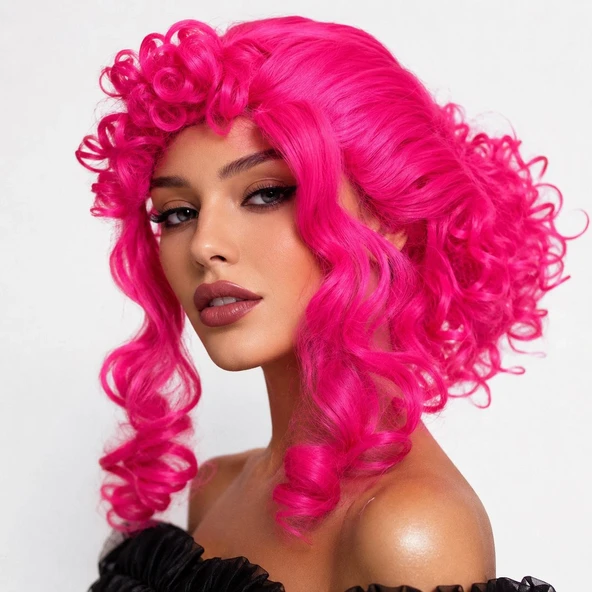 Neon Pembe Bukleli Kıvırcık Cosplay Peruğu - İçi Astarlı ürün görseli 1