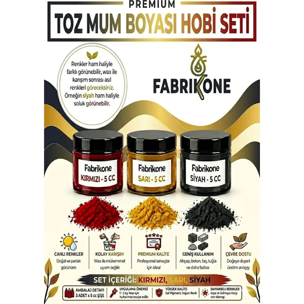 3'lü Set Premium Parafin Soya Wax Toz Mum Boyası Hobi Seti - 5 cc (Kırmızı, Sarı, Siyah) BKFAB3KSRS5G ürün görseli 1