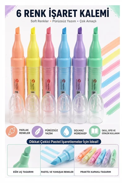 Fosforlu Kalem 6 Renk 1 Paket Fixpoint P-5175 Pastel Renkler 6 Renk İşaret Kalemi 6 lı Fosforlu Kalem Okul Ofis Solmaz ürün görseli 1