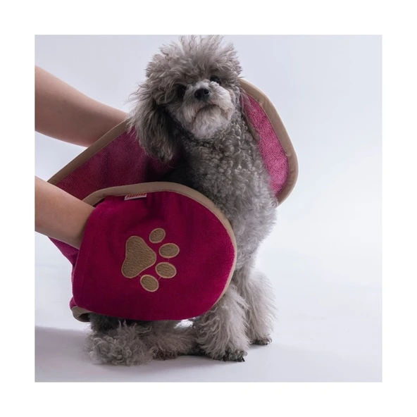 Pawstar Kedi  Köpek Banyo Kurulama Elcikli Havlu Fuşya 23x78cm %100 Pamuk ürün görseli 1