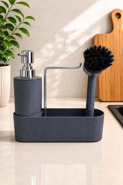 Gri Mutfak Düzenleyici Sabunluk ve Fırçalık Seti – Lavabo Üstü Organizer ürün görseli 1