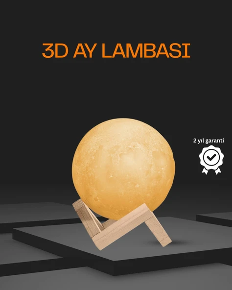 Ahşap Standlı 3D Baskı Ay Lambası 16 Renkli ve Şarjlı ürün görseli 1