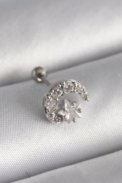 316L Çelik Gümüş Renk Zirkon Taşlı Ay Yıldız Tragus Piercing ürün görseli 1