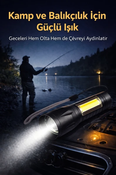 USB Şarjlı Zoomlu Mini El Feneri Yan COB LED Q5 Güçlü Işık SOS Mod Kutulu Kamp ve Balıkçı Feneri ürün görseli 1