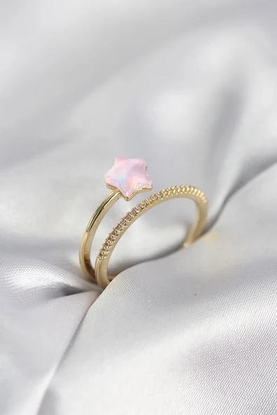 Gold Renk Zirkon Taşlı Pembe Halley Model Kadın Yüzük ürün görseli 1