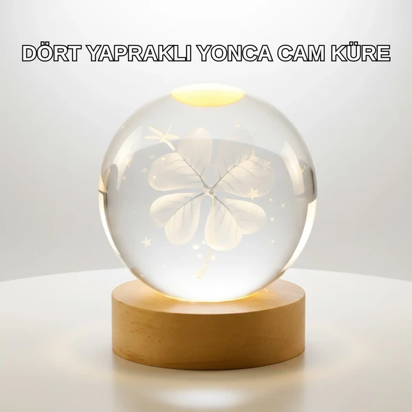 Yonca Figürlü Cam Küre USB Işıklı Ahşap Tabanlı Dekoratif Masa Lambası ürün görseli 1